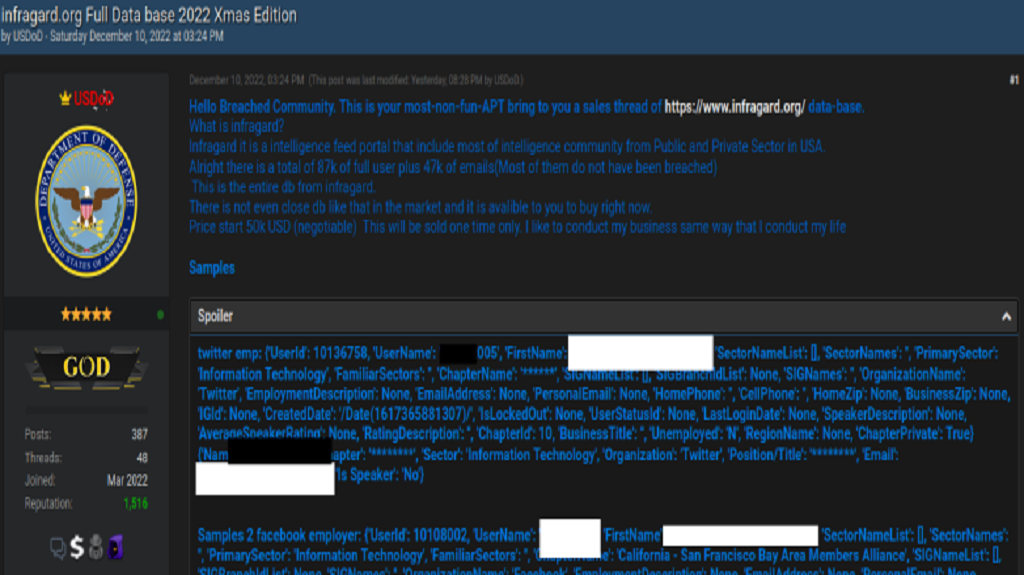 You are currently viewing InfraGard Database Spotted for Sale on Cybercrime Forum